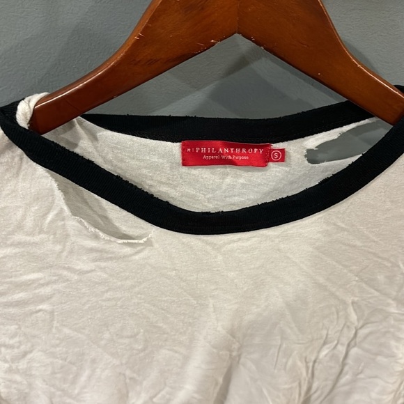 n: Philanthropy Women's Distressed Ripped Collar distressed t shirt - Picture 2 of 6